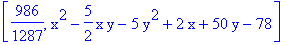 [986/1287, x^2-5/2*x*y-5*y^2+2*x+50*y-78]